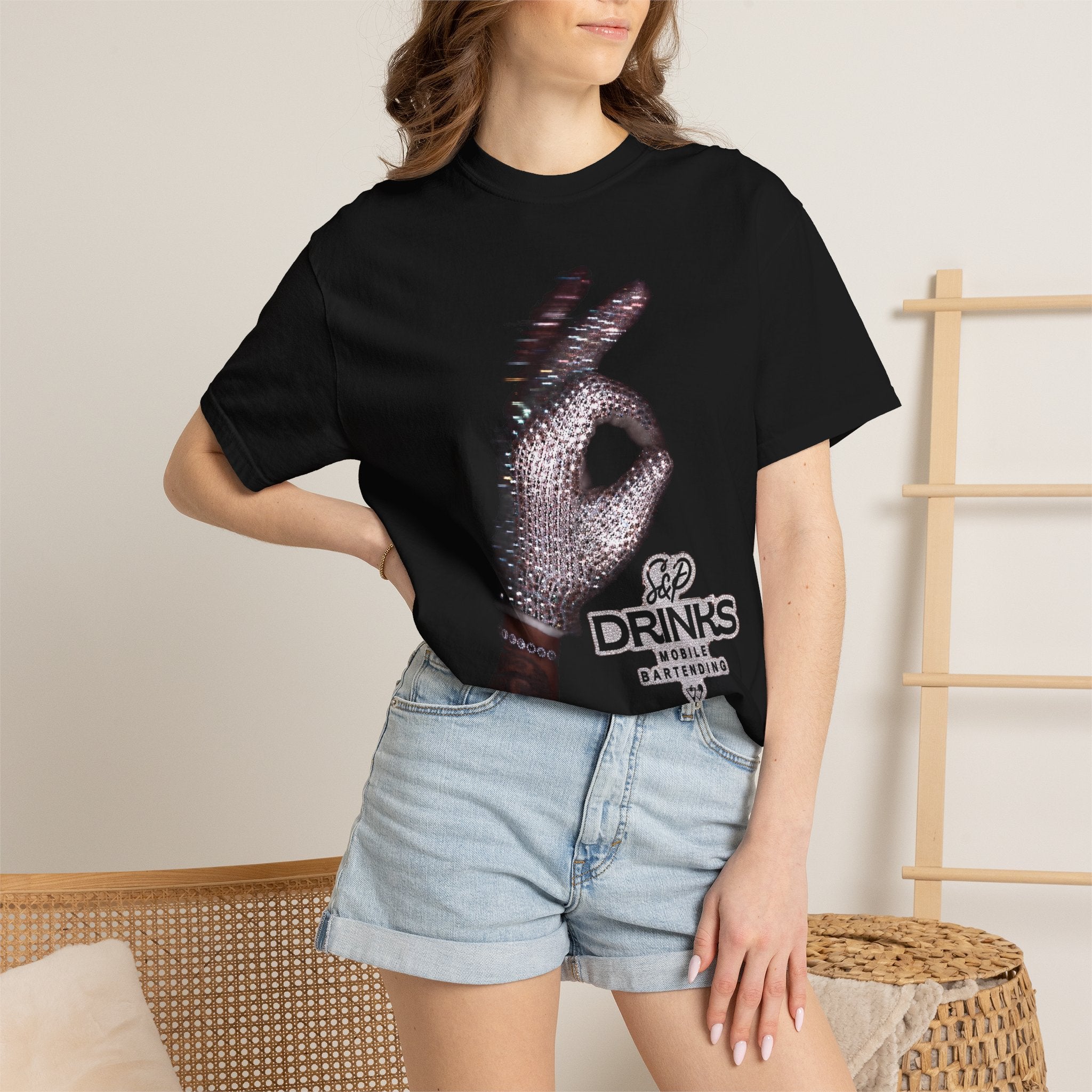 T-Shirt — Rhinestone Gloved Hand 'Drinks' Graphic Tee