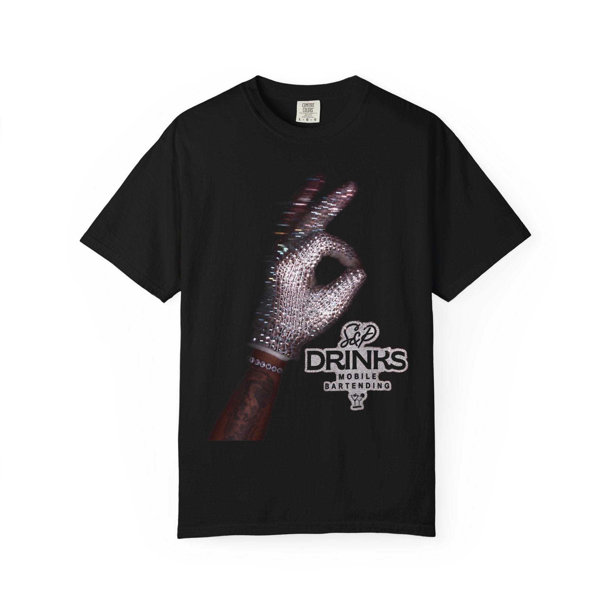 T-Shirt — Rhinestone Gloved Hand 'Drinks' Graphic Tee